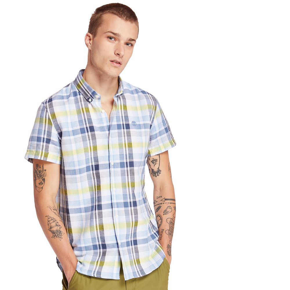 Timberland Πουκαμισα Ανδρικα Μπλε - Mill River Slim Fit Madras - Greece 5032198-TI